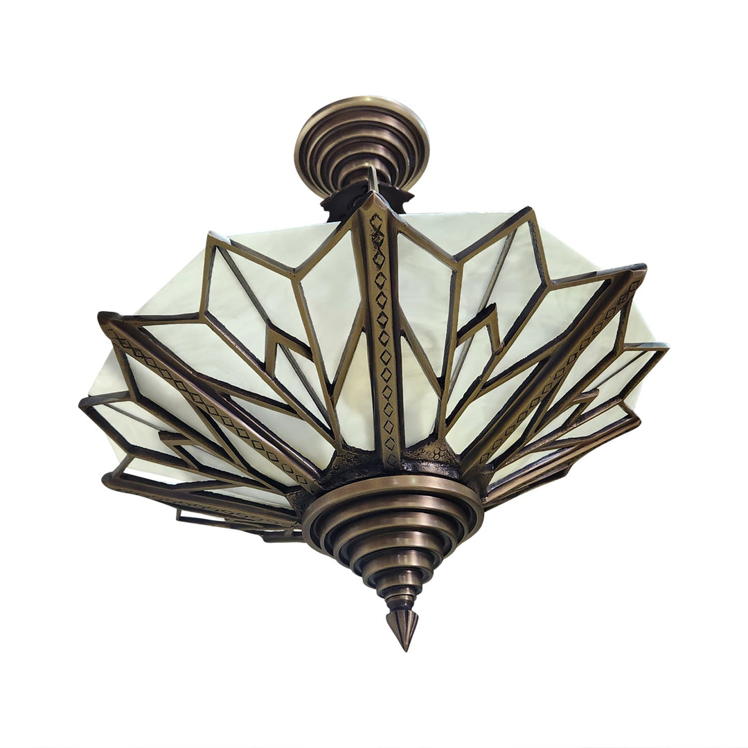 17 Inch Classic Art Deco Close Ceiling Light with White Stained Glass (Antique Brass Finish) COPPER MOUNTAIN HARDWARE