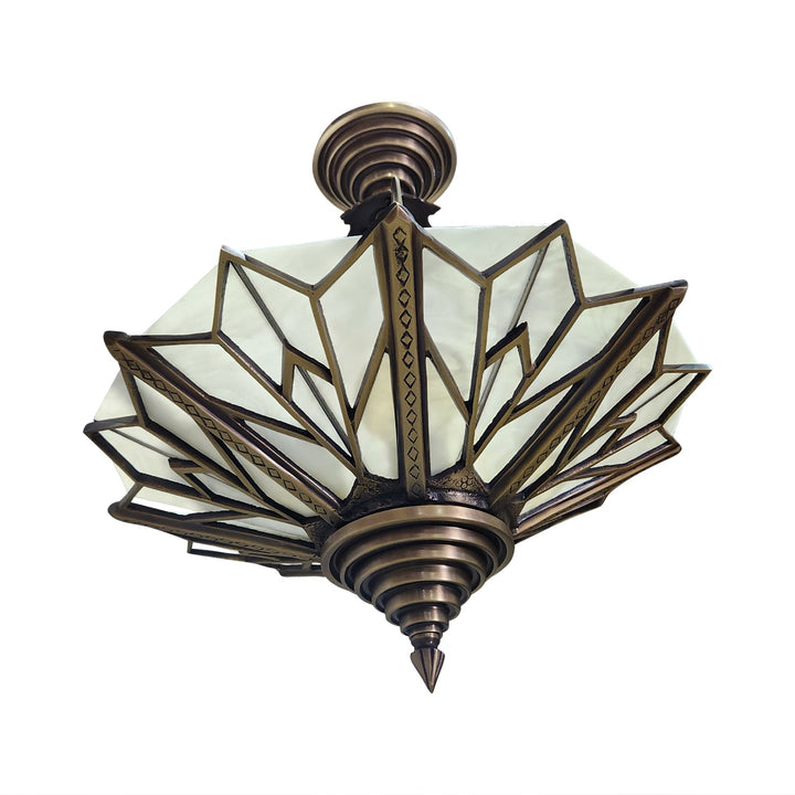 17 Inch Classic Art Deco Close Ceiling Light with White Stained Glass (Antique Brass Finish) COPPER MOUNTAIN HARDWARE