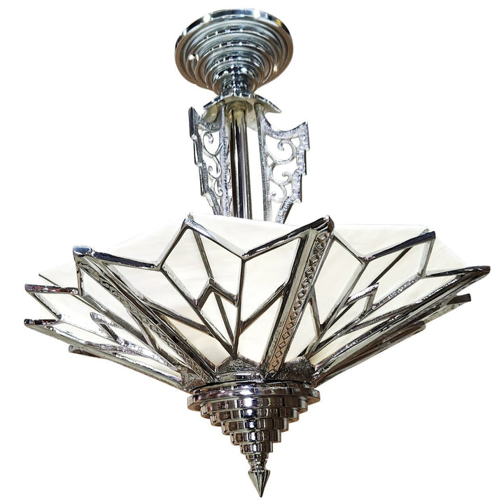 17 Inch Classic Art Deco Close Ceiling Light with White Stained Glass (Polished Chrome Finish) COPPER MOUNTAIN HARDWARE