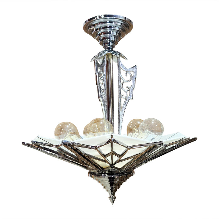 17 Inch Classic Art Deco Close Ceiling Light with White Stained Glass (Polished Chrome Finish) COPPER MOUNTAIN HARDWARE