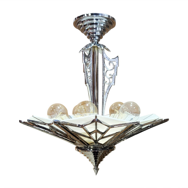 17 Inch Classic Art Deco Close Ceiling Light with White Stained Glass (Polished Chrome Finish) COPPER MOUNTAIN HARDWARE