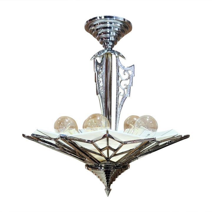 17 Inch Classic Art Deco Close Ceiling Light with White Stained Glass (Polished Chrome Finish) COPPER MOUNTAIN HARDWARE