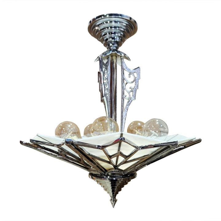 17 Inch Classic Art Deco Close Ceiling Light with White Stained Glass (Polished Chrome Finish) COPPER MOUNTAIN HARDWARE