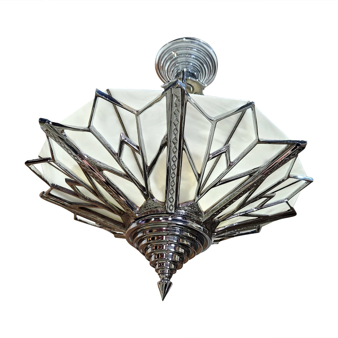 17 Inch Classic Art Deco Close Ceiling Light with White Stained Glass (Polished Chrome Finish) COPPER MOUNTAIN HARDWARE