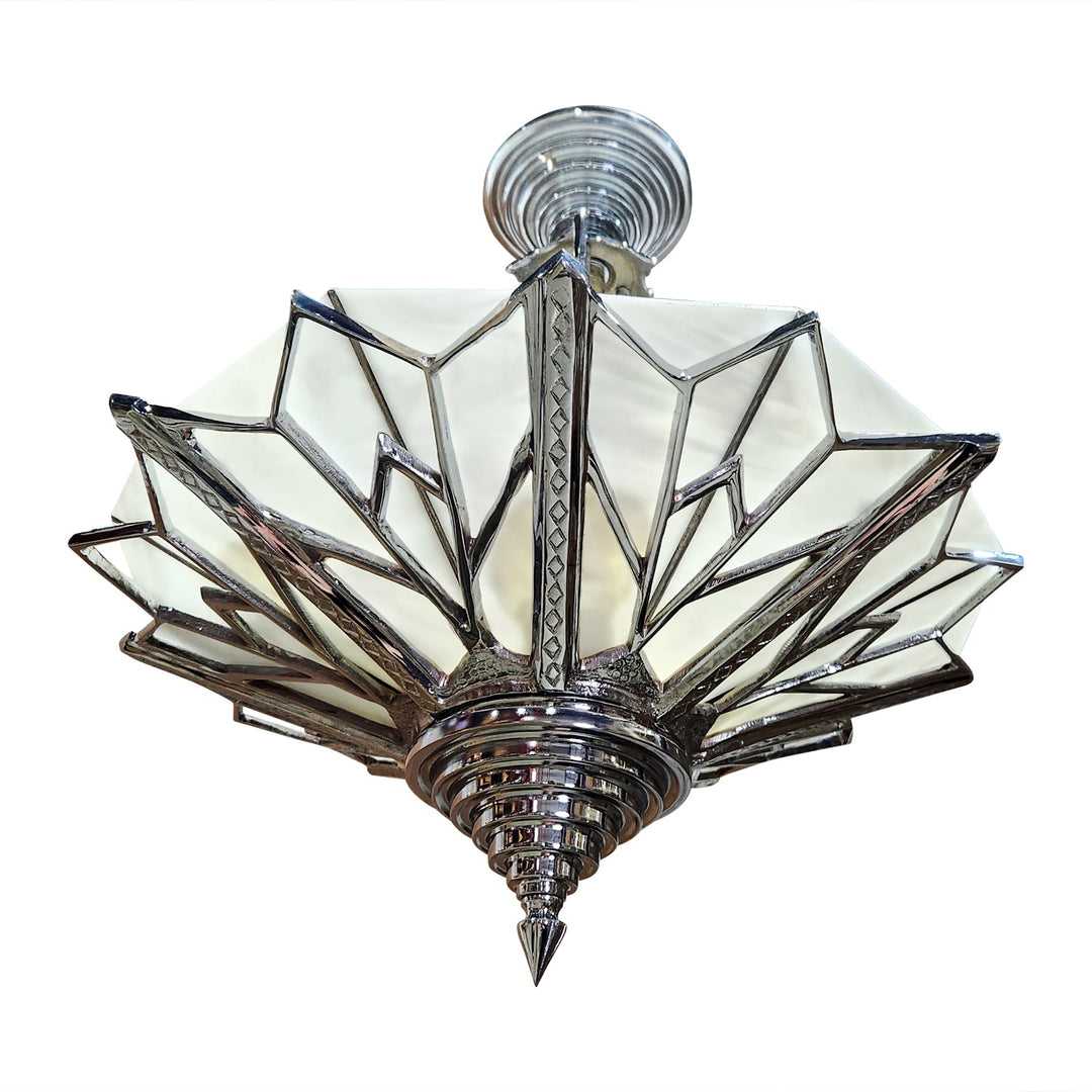 17 Inch Classic Art Deco Close Ceiling Light with White Stained Glass (Polished Chrome Finish) COPPER MOUNTAIN HARDWARE