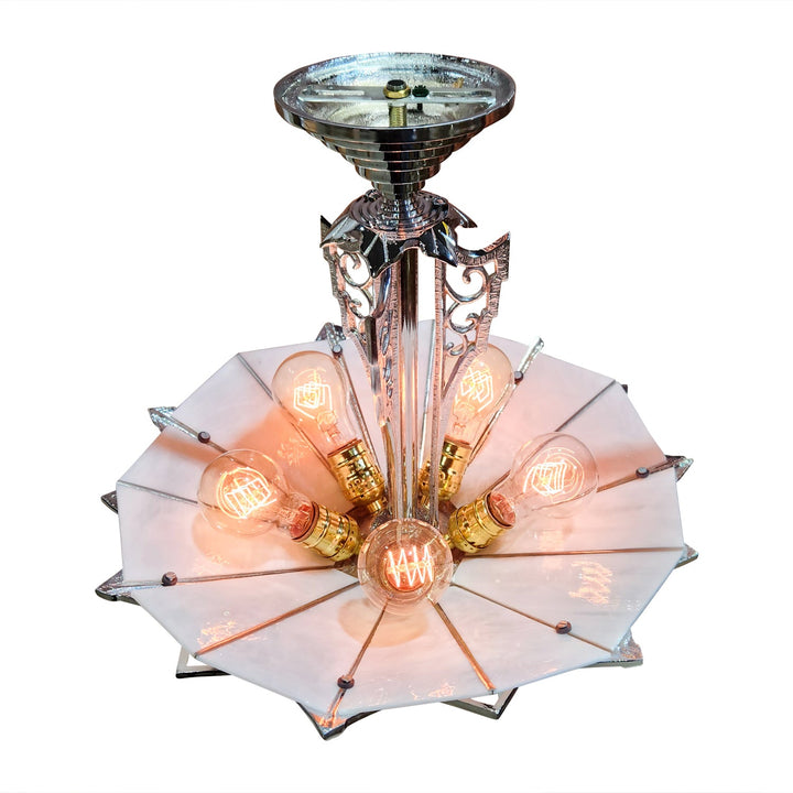 17 Inch Classic Art Deco Close Ceiling Light with White Stained Glass (Polished Chrome Finish) COPPER MOUNTAIN HARDWARE