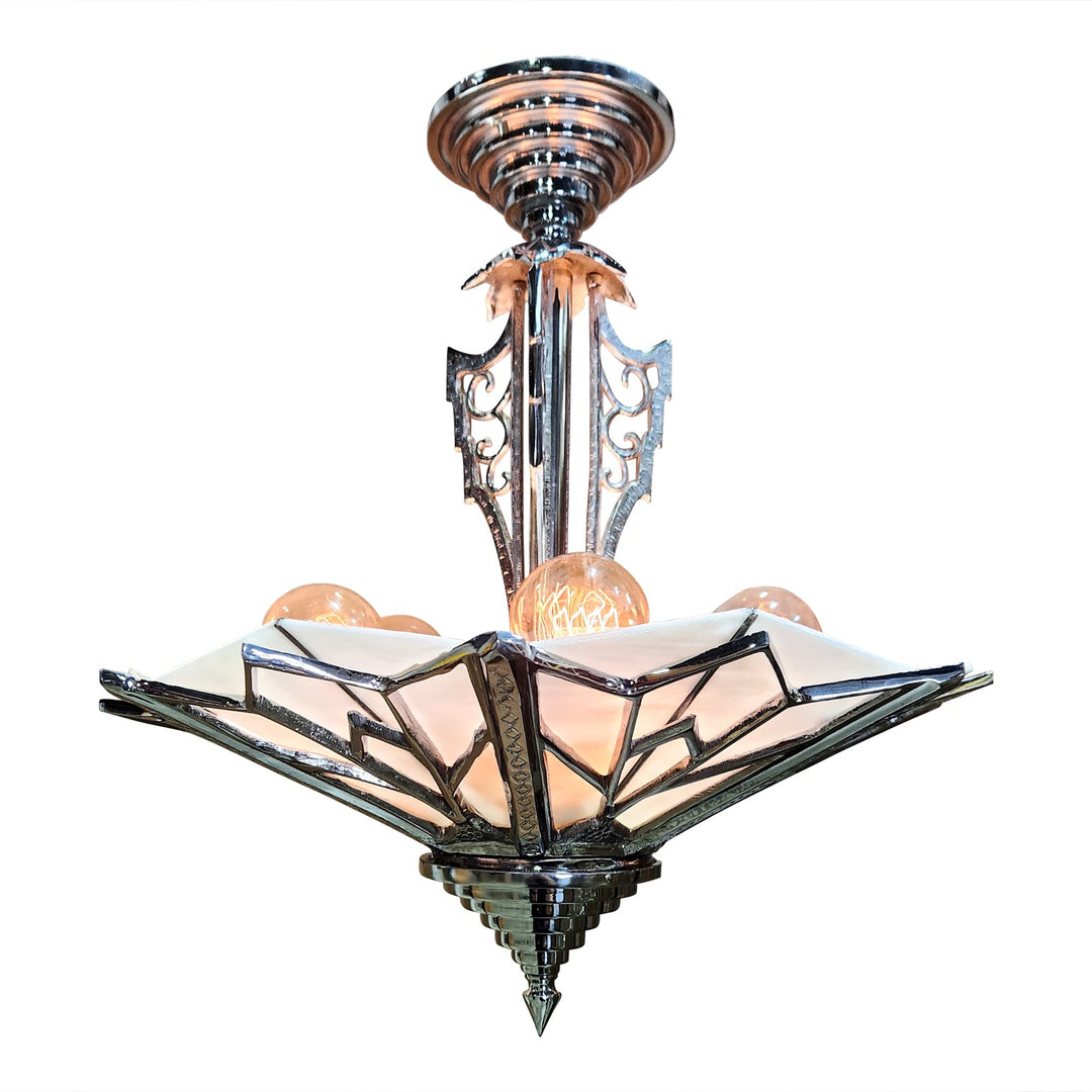 17 Inch Classic Art Deco Close Ceiling Light with White Stained Glass (Polished Chrome Finish) COPPER MOUNTAIN HARDWARE