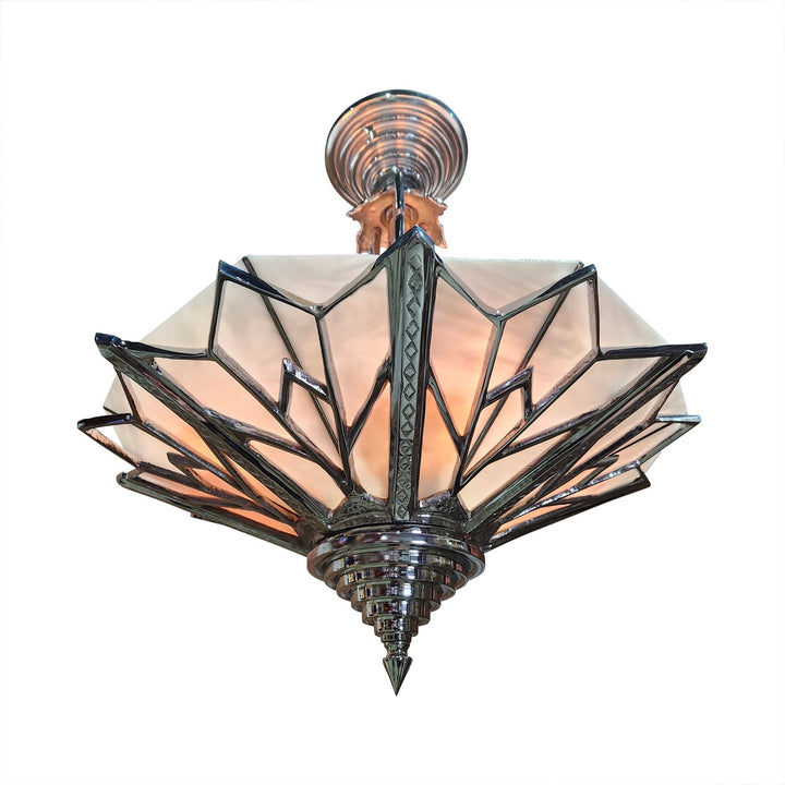 17 Inch Classic Art Deco Close Ceiling Light with White Stained Glass (Polished Chrome Finish) COPPER MOUNTAIN HARDWARE