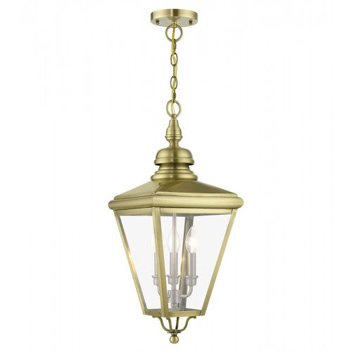 3 Light Antique Brass Outdoor Large Pendant Lantern with Brushed Nickel Finish Cluster Livex