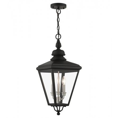 3 Light Black Outdoor Large Pendant Lantern with Brushed Nickel Finish Cluster Livex