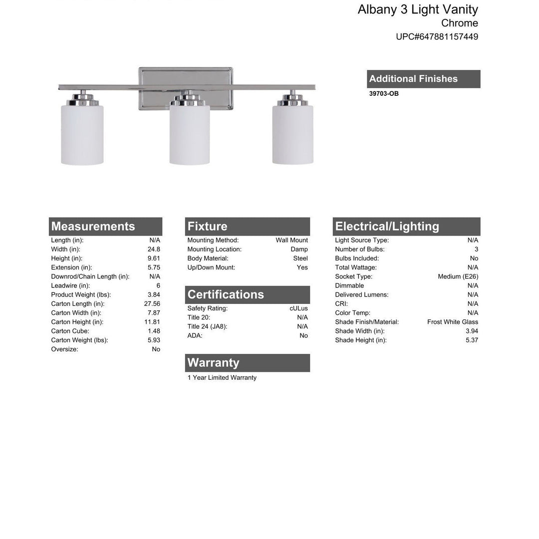 CRAFTMADE Albany 3 Light Vanity in Chrome