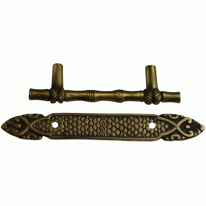 COPPER MOUNTAIN HARDWARE 4 1/2 Inch Overall (3 Inch c-c) Bamboo Cabinet Pull & Back Plate (Antique Brass Finish)