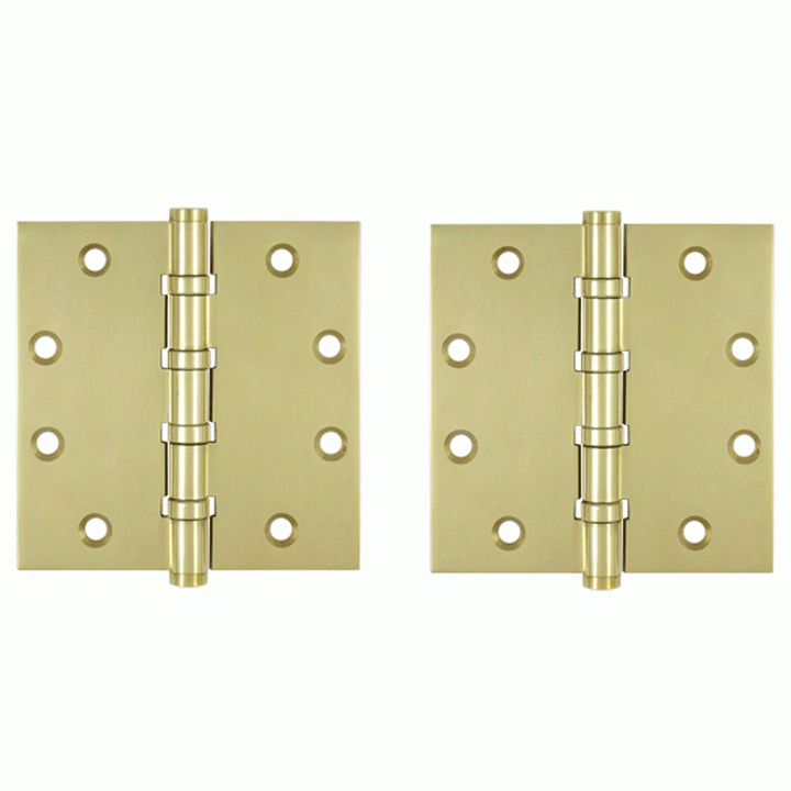 4 1/2 Inch X 4 1/2 Inch Solid Brass Four Ball Bearing Square Hinge (Unlacquered Brass Finish) DELTANA