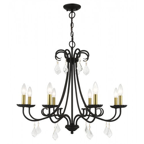 8 Light Black Large Chandelier with Antique Brass Finish Accents and Clear Crystals Livex