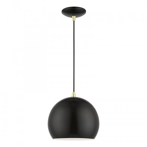 1 Light Shiny Black with Polished Brass Accents Globe Pendant Livex