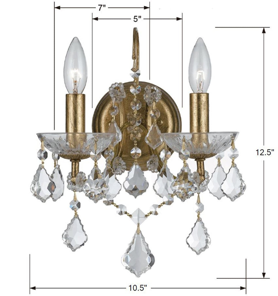 Filmore 2 Light Hand Cut Crystal Antique Gold Sconce Crystorama