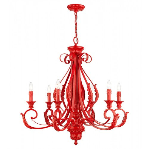 6 Light Shiny Red Large Chandelier Livex