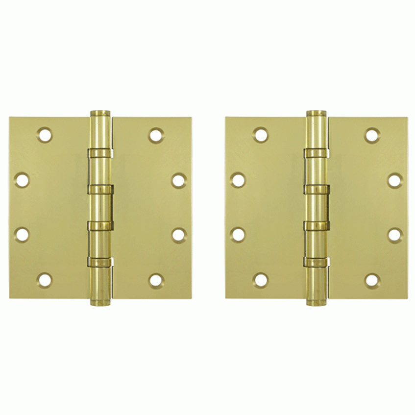 5 Inch X 5 Inch Solid Brass Four Ball Bearing Square Hinge (Polished Brass Finish) DELTANA