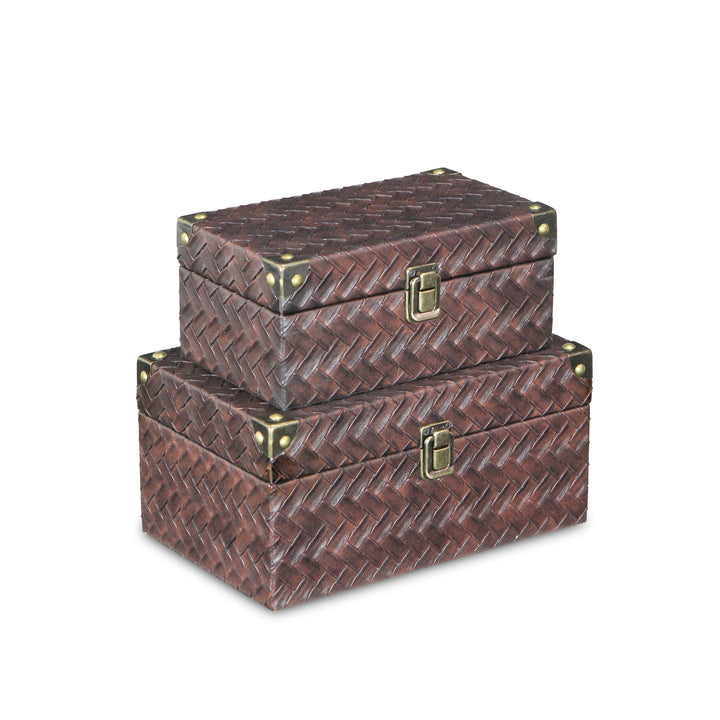 CHEUNGS Estina Set of 2 Woven Vinyl Pattern Wood Boxes - Brown