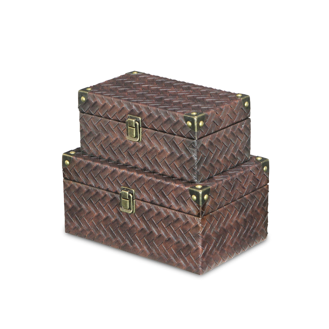 CHEUNGS Estina Set of 2 Woven Vinyl Pattern Wood Boxes - Brown