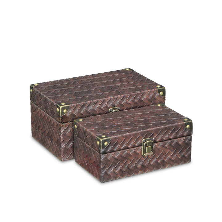 CHEUNGS Estina Set of 2 Woven Vinyl Pattern Wood Boxes - Brown