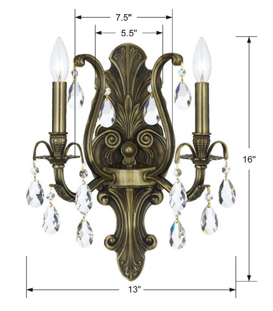 Dawson 2 Light Spectra Crystal Antique Brass Sconce Crystorama