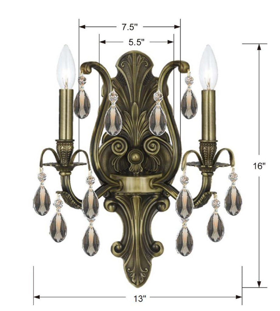 Dawson 2 Light Spectra Crystal Antique Brass Sconce Crystorama