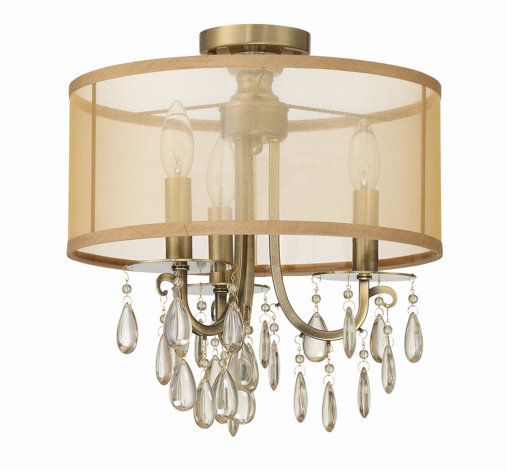 Crystorama Crystorama Hampton 3 Light Antique Brass Etruscan Crystal Drum Shade Semi Flush Mount