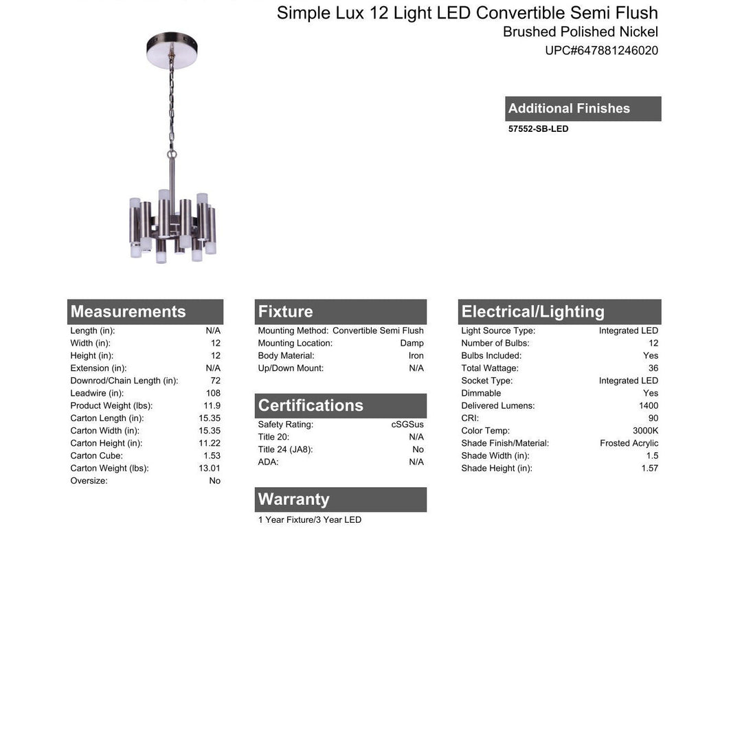 CRAFTMADE Simple Lux 12 Light LED Convertible Semi Flush in Brushed Polished Nickel