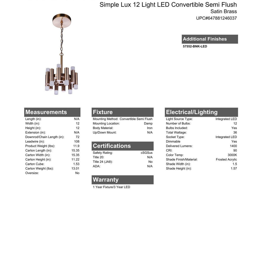 CRAFTMADE Simple Lux 12 Light LED Convertible Semi Flush in Satin Brass