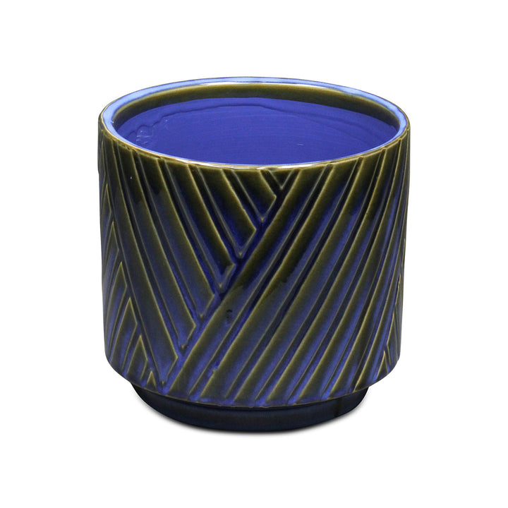 CHEUNGS Parlora Crossed Diagonal Pattern Straight Side Ceramic Pot - Large - Blue