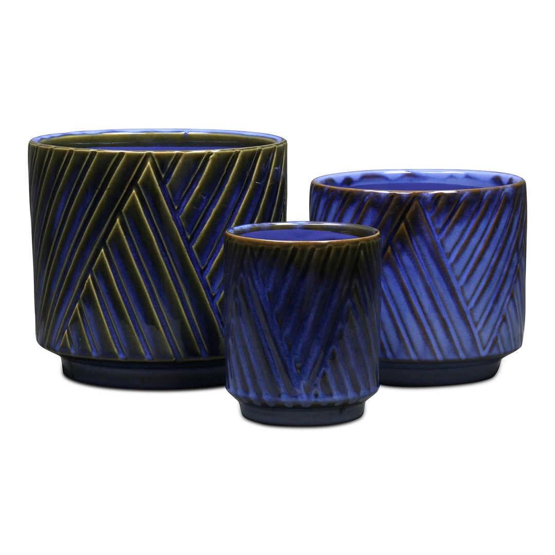 CHEUNGS Parlora Crossed Diagonal Pattern Straight Side Ceramic Pot - Large - Blue