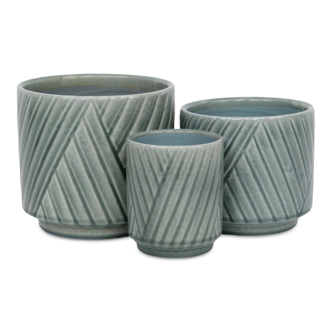 CHEUNGS Parlora Crossed Diagonal Pattern Straight Side Ceramic Pot - Medium - Green