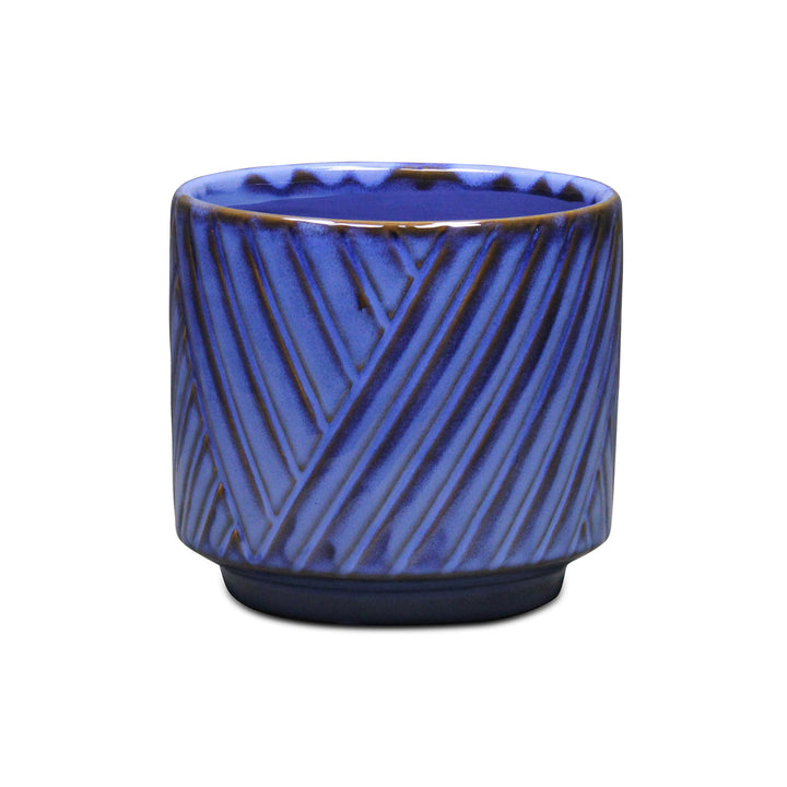 CHEUNGS Parlora Crossed Diagonal Pattern Straight Side Ceramic Pot - Medium - Blue