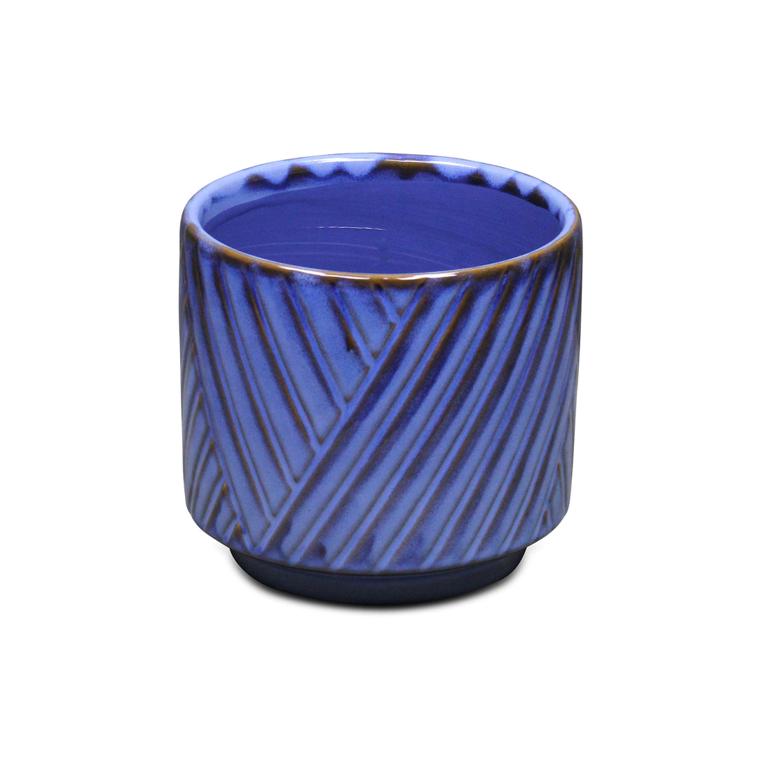 CHEUNGS Parlora Crossed Diagonal Pattern Straight Side Ceramic Pot - Medium - Blue