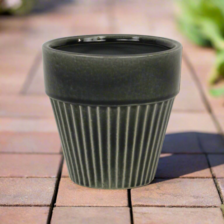 CHEUNGS Corseta Tapered Vertical Lined Pattern Ceramic Pot - Large - Dark Gray