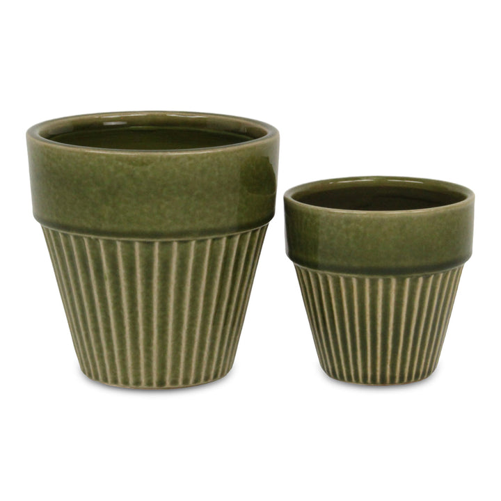 CHEUNGS Corseta Tapered Vertical Lined Pattern Ceramic Pot - Small - Olive Green