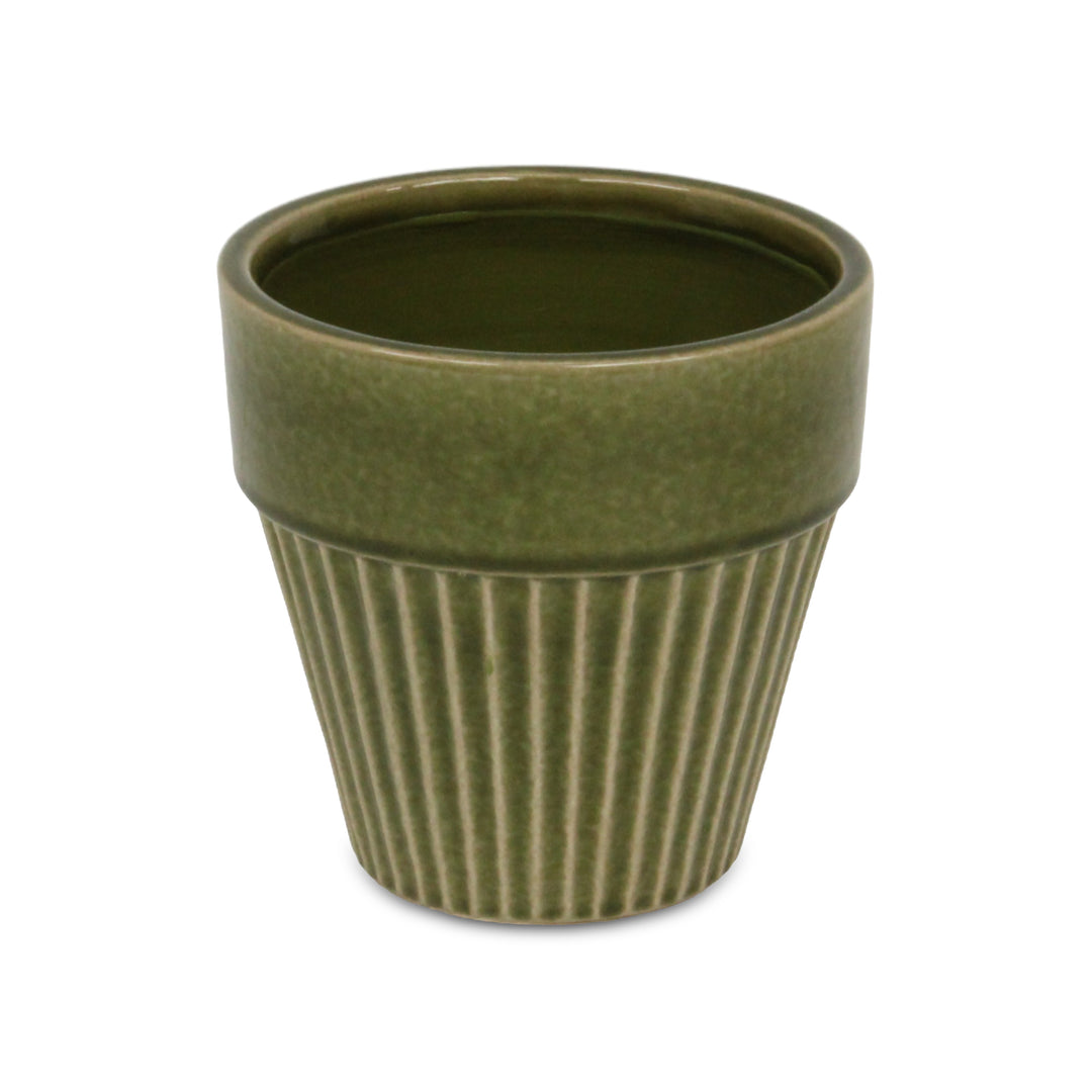 CHEUNGS Corseta Tapered Vertical Lined Pattern Ceramic Pot - Large - Olive Green