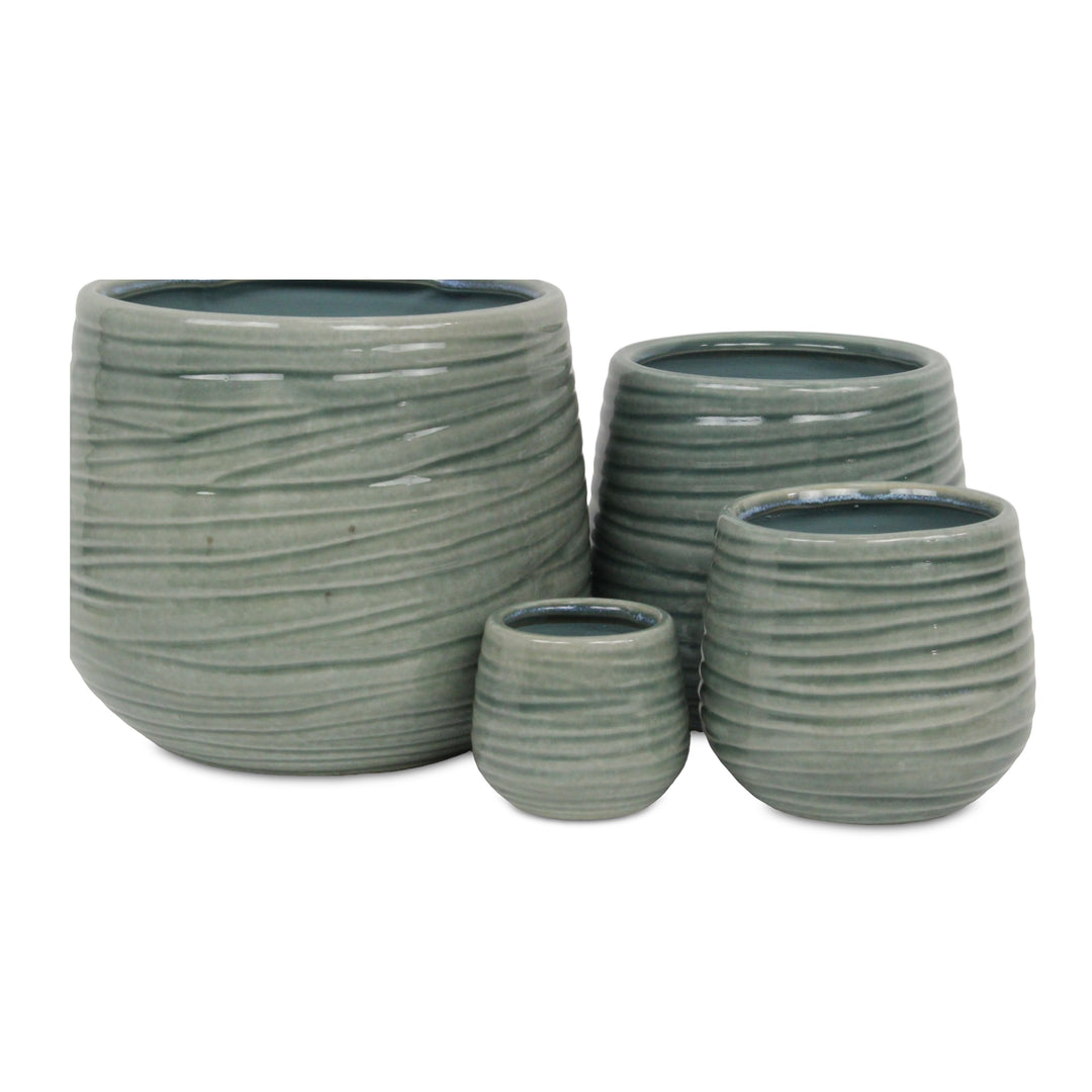 CHEUNGS Fairloam Round Curved Wave Lined Pattern Ceramic Pot- Large - Green