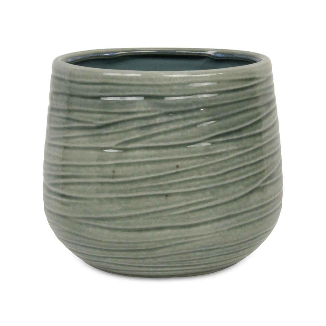 CHEUNGS Fairloam Round Curved Wave Lined Pattern Ceramic Pot- X-Large - Green