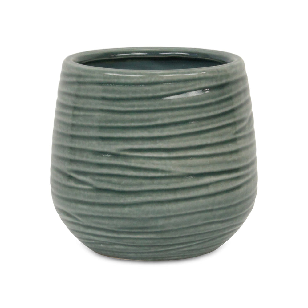 CHEUNGS Fairloam Round Curved Wave Lined Pattern Ceramic Pot- Large - Green