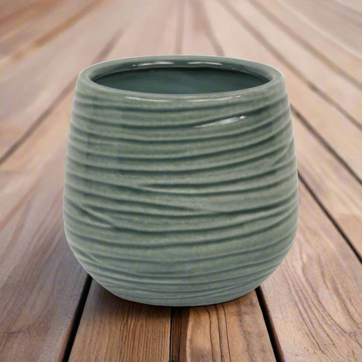 CHEUNGS Fairloam Round Curved Wave Lined Pattern Ceramic Pot- Large - Green