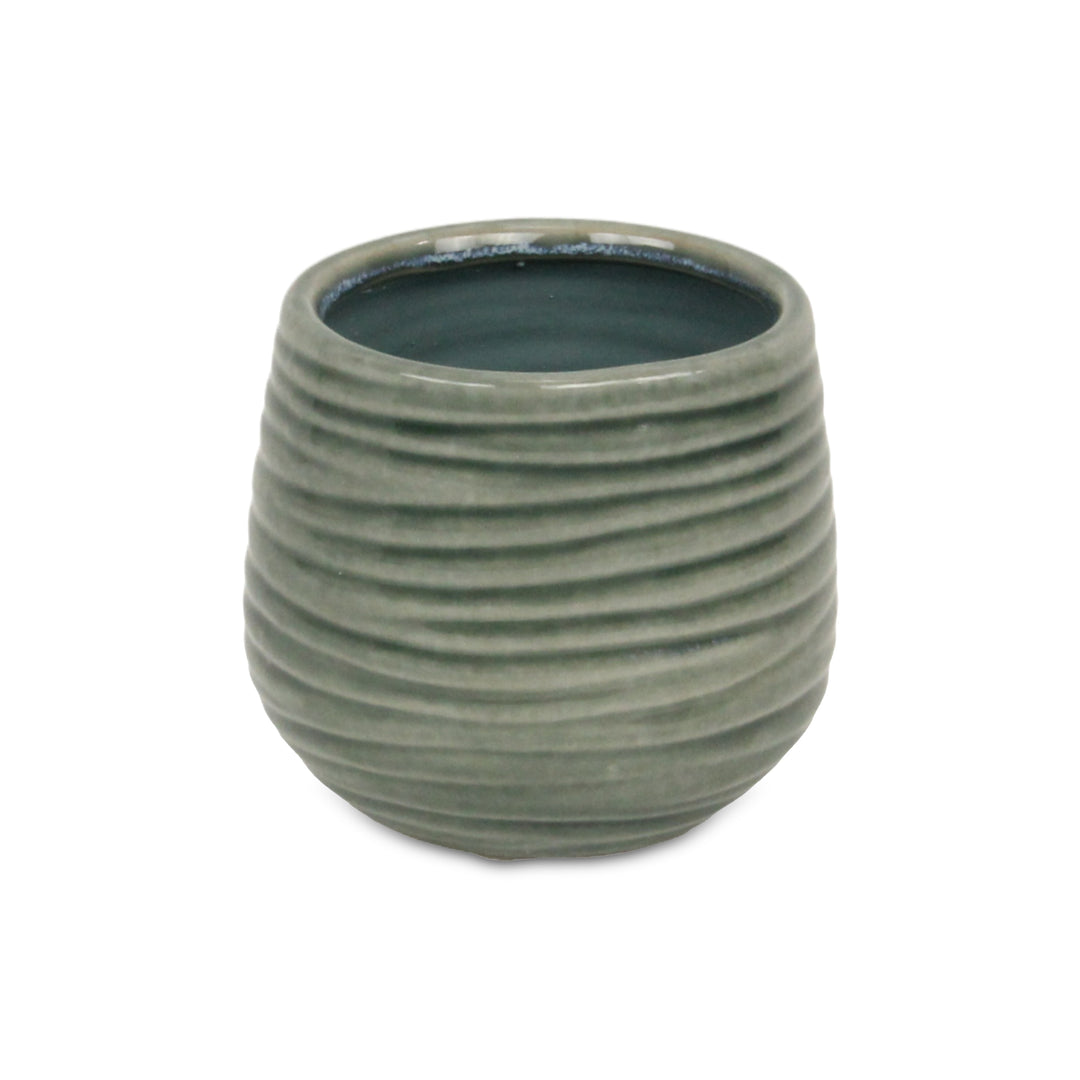 CHEUNGS Fairloam Round Curved Wave Lined Pattern Ceramic Pot- Medium - Green