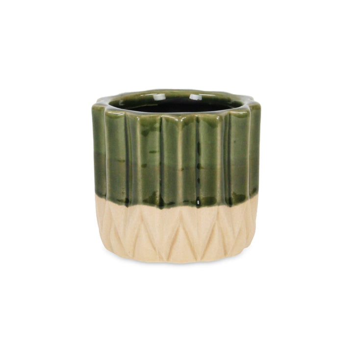 CHEUNGS Cadeon Blossom Design Round Ceramic Pot with Textured Base- Small - Dark Green