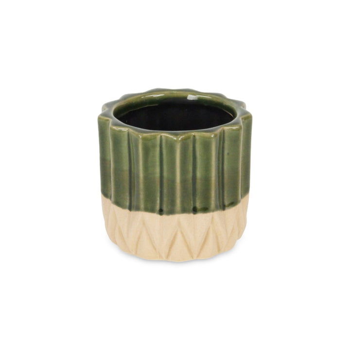 CHEUNGS Cadeon Blossom Design Round Ceramic Pot with Textured Base- Small - Dark Green