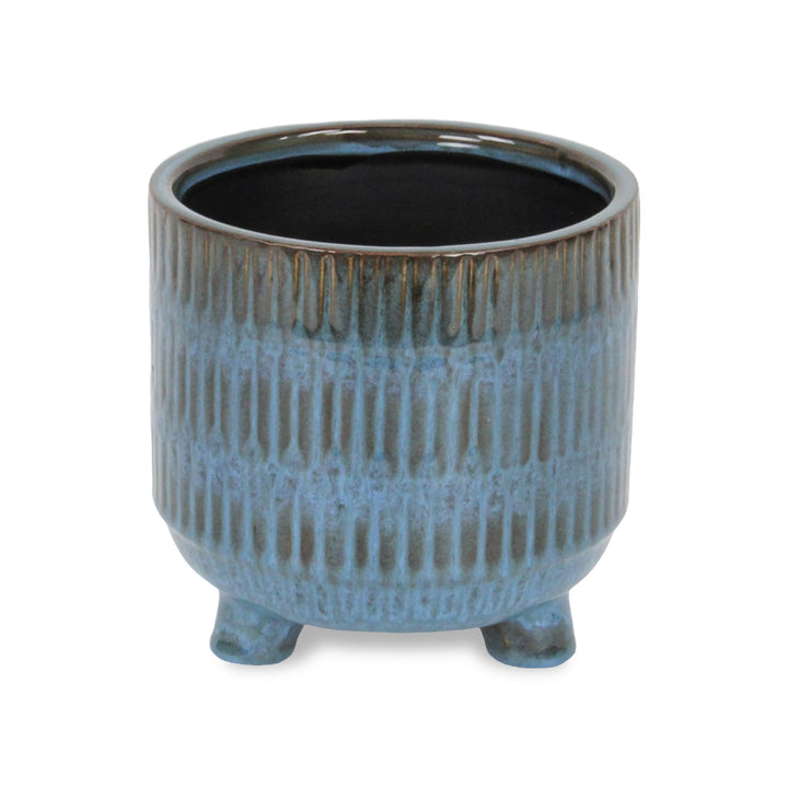 CHEUNGS Victrola Raised Round Tri-Band Lined Pattern Ceramic Pot- Large - Blue