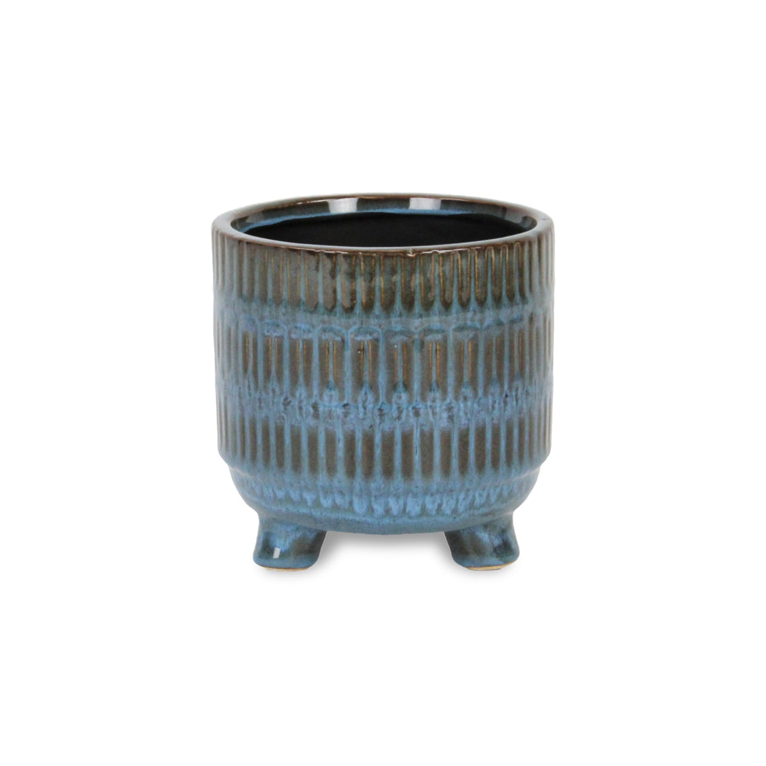 CHEUNGS Victrola Raised Round Tri-Band Lined Pattern Ceramic Pot- Small - Blue