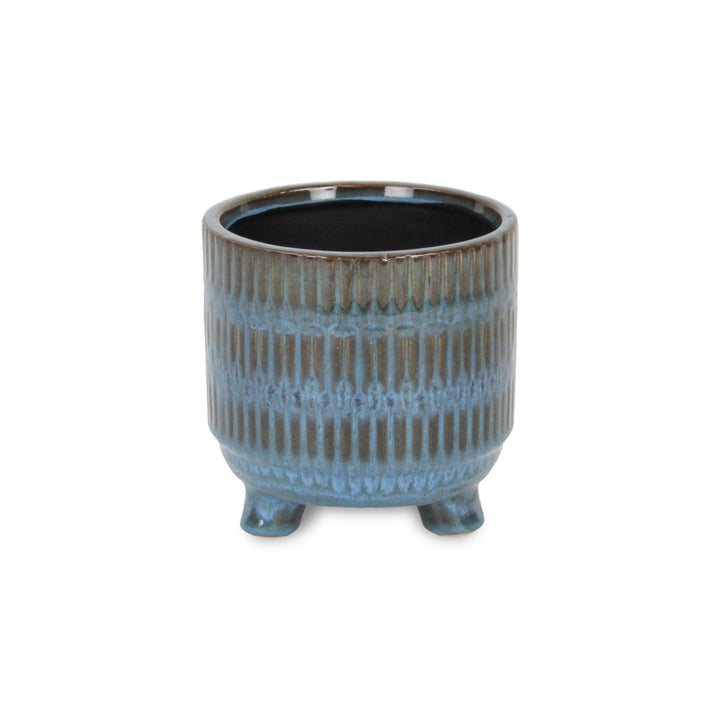 CHEUNGS Victrola Raised Round Tri-Band Lined Pattern Ceramic Pot- Small - Blue