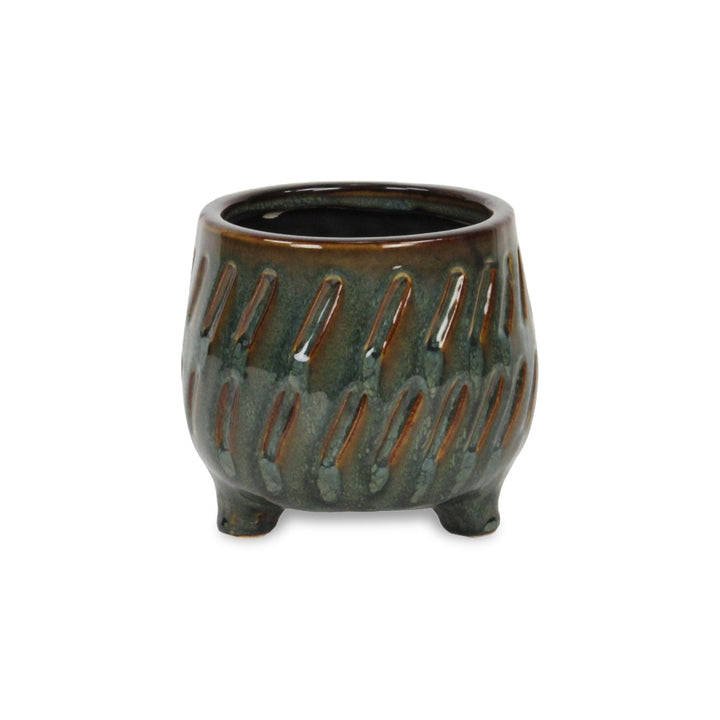 CHEUNGS Astrona Raised Round Dual Band Diagonal Patterned Ceramic Pot- Small - Dark Copper