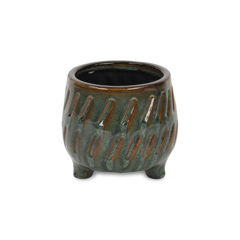 CHEUNGS Astrona Raised Round Dual Band Diagonal Patterned Ceramic Pot- Small - Dark Copper